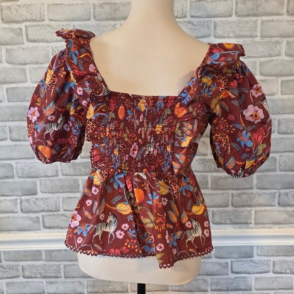 Anthropologie Maeve Zebra Floral Ruffled Blouse Top S Cotton Cottage Boho Floral - Picture 3 of 9